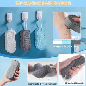 oUUoNNo 3pcs Exfoliating Bath Sponge, 3D Super Soft Magic Exfoliating Sponge Dead Skin Remover for Adults Children and Pregnant Women (White+Blue+Grey)