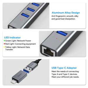 Aceele USB C to Ethernet Adapter, 3.3ft Long Cable, Aluminum USB-C Hub with 4 USB 3.0 Ports, Thunderbolt 3/USB-C to RJ45 Gigabit Ethernet LAN Network Adapter Multiport for MacBook Pro/Air, iPad Pro