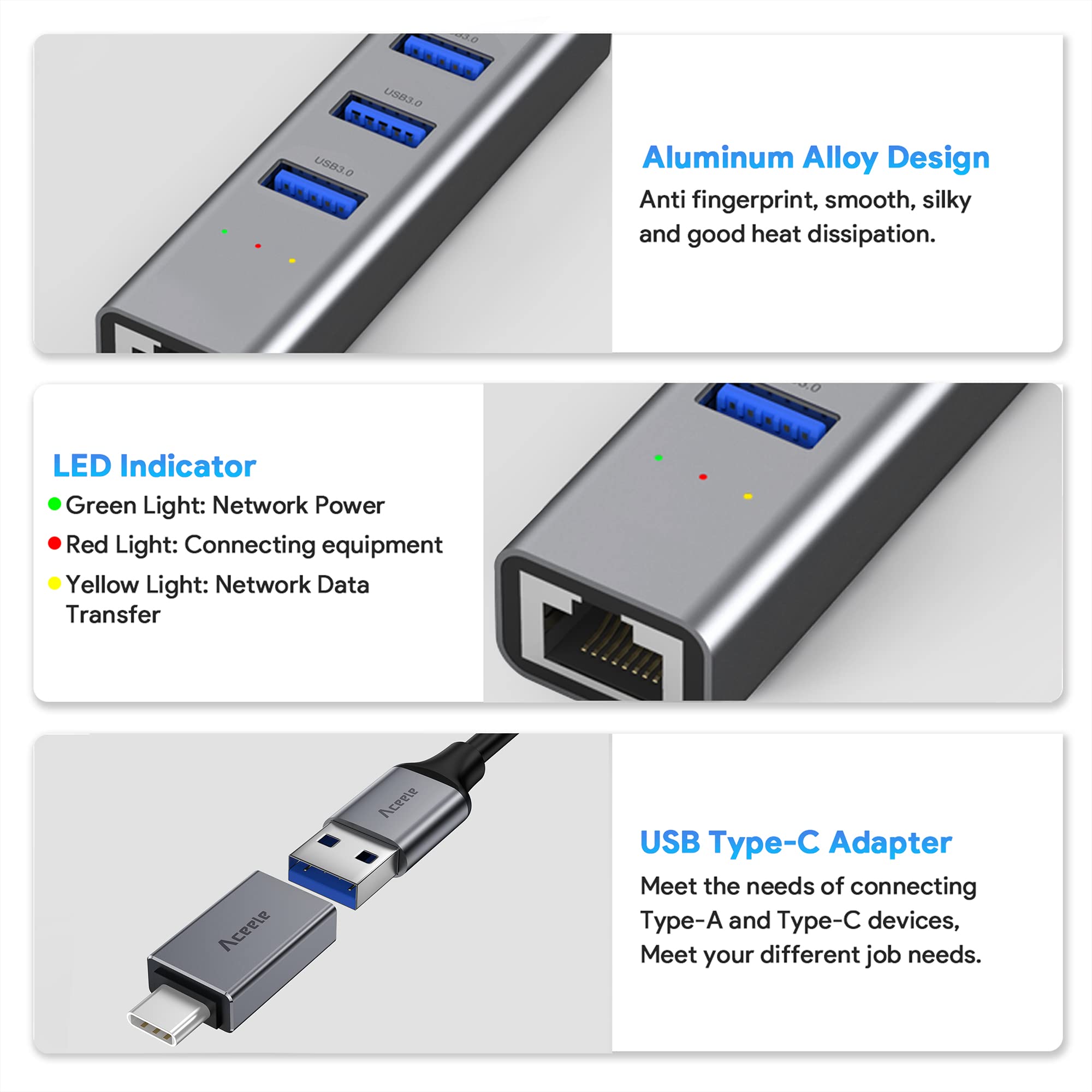 Aceele USB C to Ethernet Adapter, 3.3ft Long Cable, Aluminum USB-C Hub with 4 USB 3.0 Ports, Thunderbolt 3/USB-C to RJ45 Gigabit Ethernet LAN Network Adapter Multiport for MacBook Pro/Air, iPad Pro