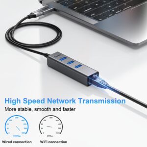 Aceele USB C to Ethernet Adapter, 3.3ft Long Cable, Aluminum USB-C Hub with 4 USB 3.0 Ports, Thunderbolt 3/USB-C to RJ45 Gigabit Ethernet LAN Network Adapter Multiport for MacBook Pro/Air, iPad Pro