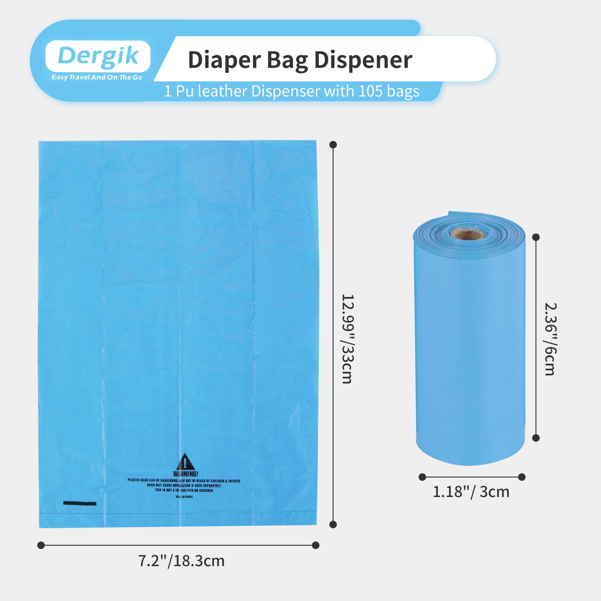 Dergik LEATHER Diaper Bag Dispenser | 105 Diaper Bags Disposable (7 Refills) for Baby and Toddler Poop or Dirty Clothes, Dirty Paper Towels | Portable Travel Essential and On the Go, Silver