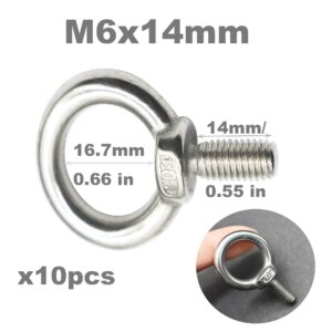 Floyutin Stainless M6 Eyebolt 0.55"(14mm) Long Male Ring Threaded Screw Lifting Shoulder Eye Bolts with Nuts Washers,10 PCS