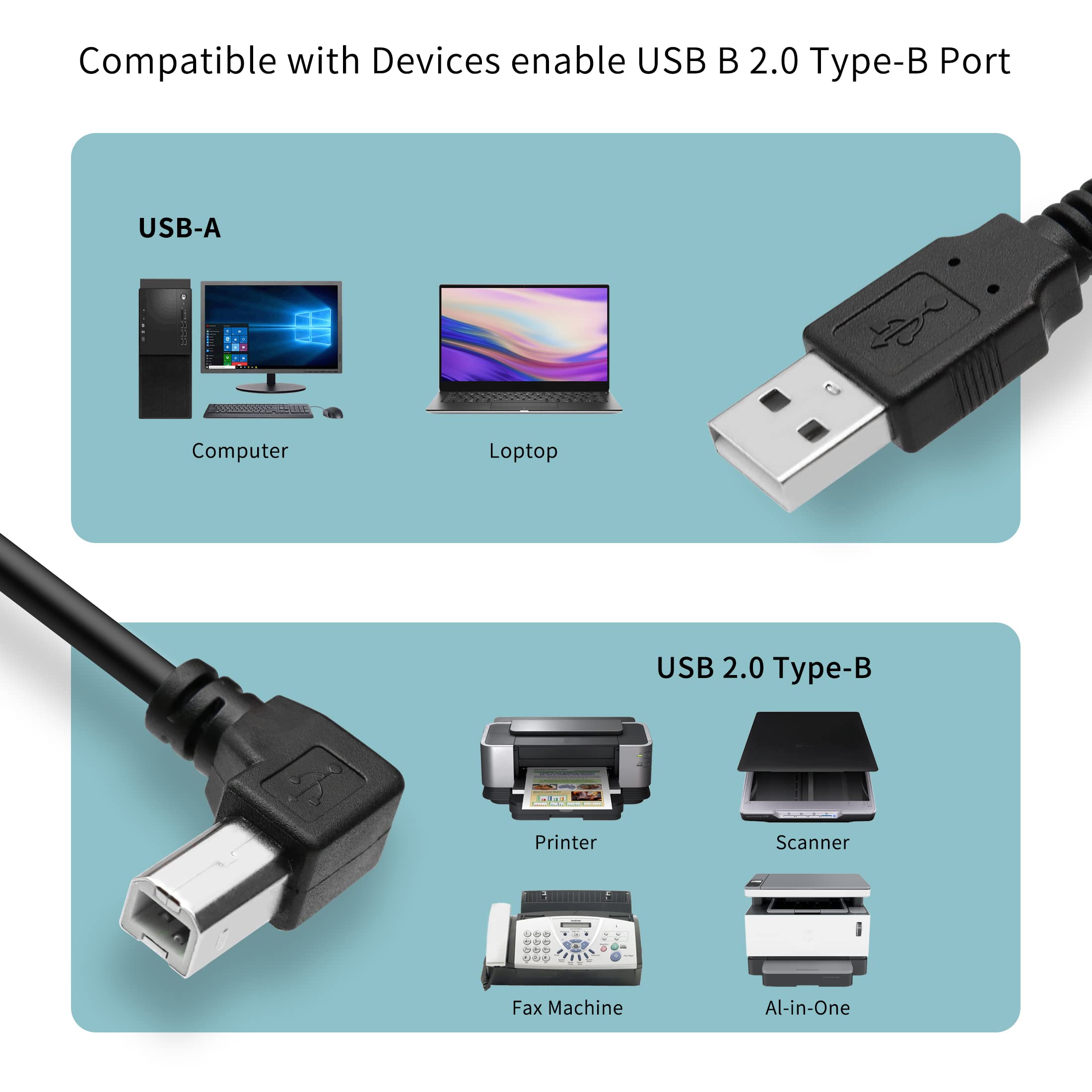 YACSEJAO USB Printer Cable 90 Degree USB 2.0 A Male to B Male Printer Scanner USB B Cable Cord with 480Mbps High Speed Printing, 1.5M(Right Angle)