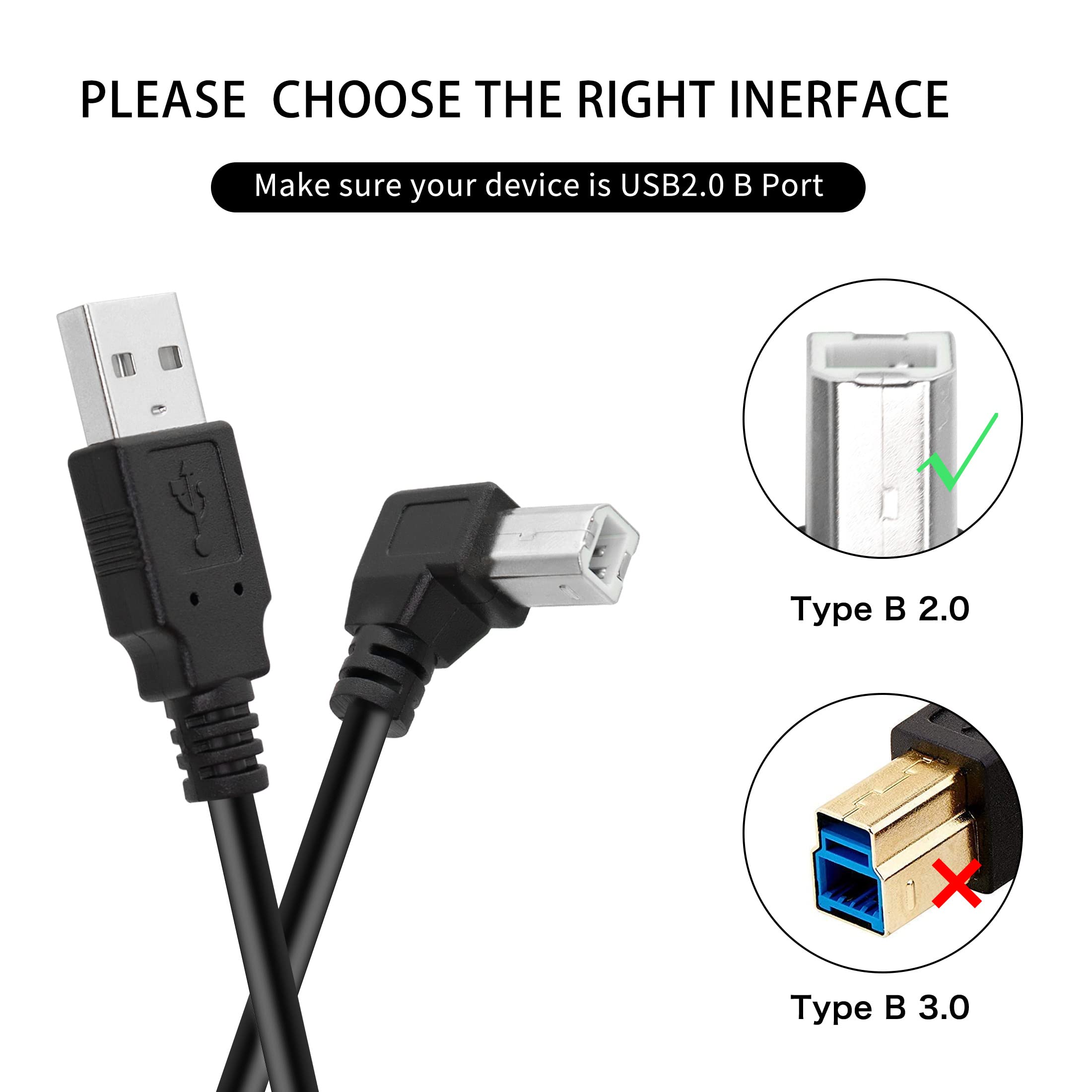 YACSEJAO USB Printer Cable 90 Degree USB 2.0 A Male to B Male Printer Scanner USB B Cable Cord with 480Mbps High Speed Printing, 1.5M(Right Angle)