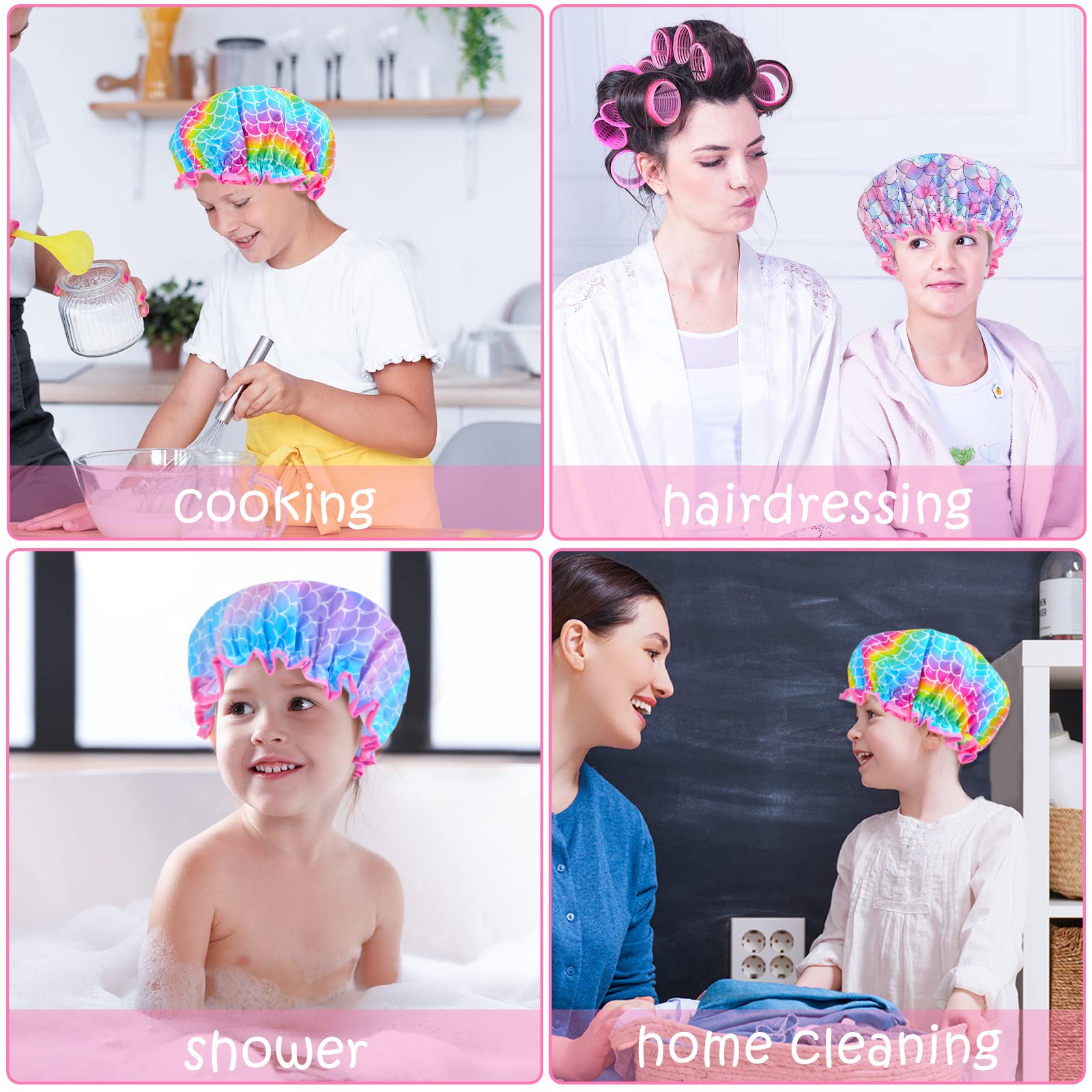 Shower Cap for Kids, 3 Pcs Kids Shower Caps for Girls, Cute Rainbow Hair Cap Wide Elastic Band, Plastic Reusable Waterproof Toddler Shower Cap, Large Bath Cap for Kids Girls Women (Mermaid)