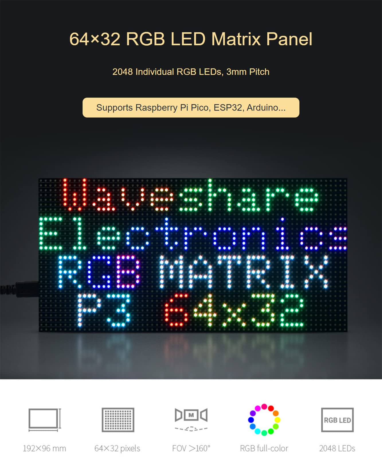 LED Matrix Panel 64x32 Compatible with Arduino Raspberry Pi ESP32, 3mm Pitch 2048 Dots RGB LEDs Module Bare Screen, Allow The Display of animations of Colorful Text Images (192mm×96mm)