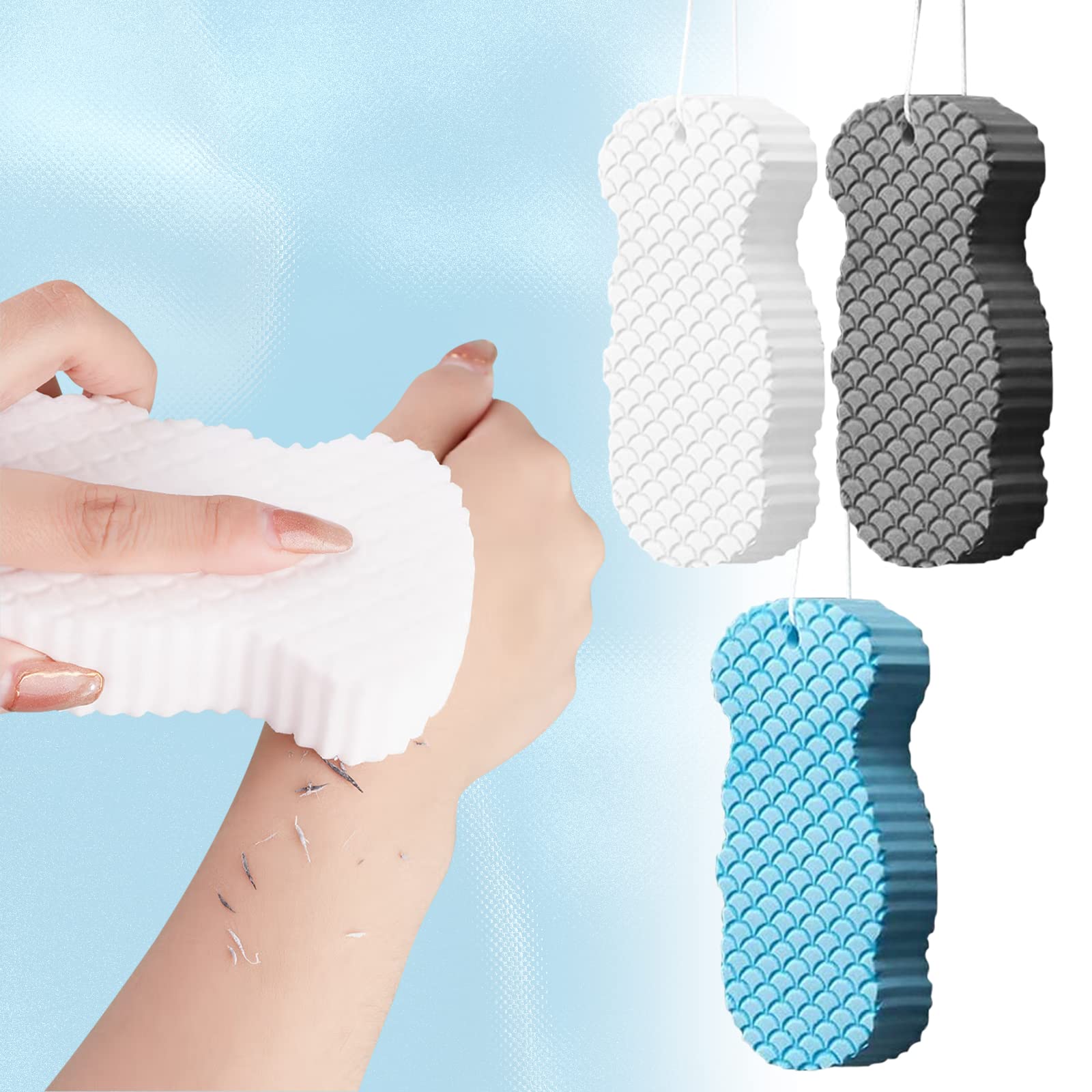 oUUoNNo 3pcs Exfoliating Bath Sponge, 3D Super Soft Magic Exfoliating Sponge Dead Skin Remover for Adults Children and Pregnant Women (White+Blue+Grey)