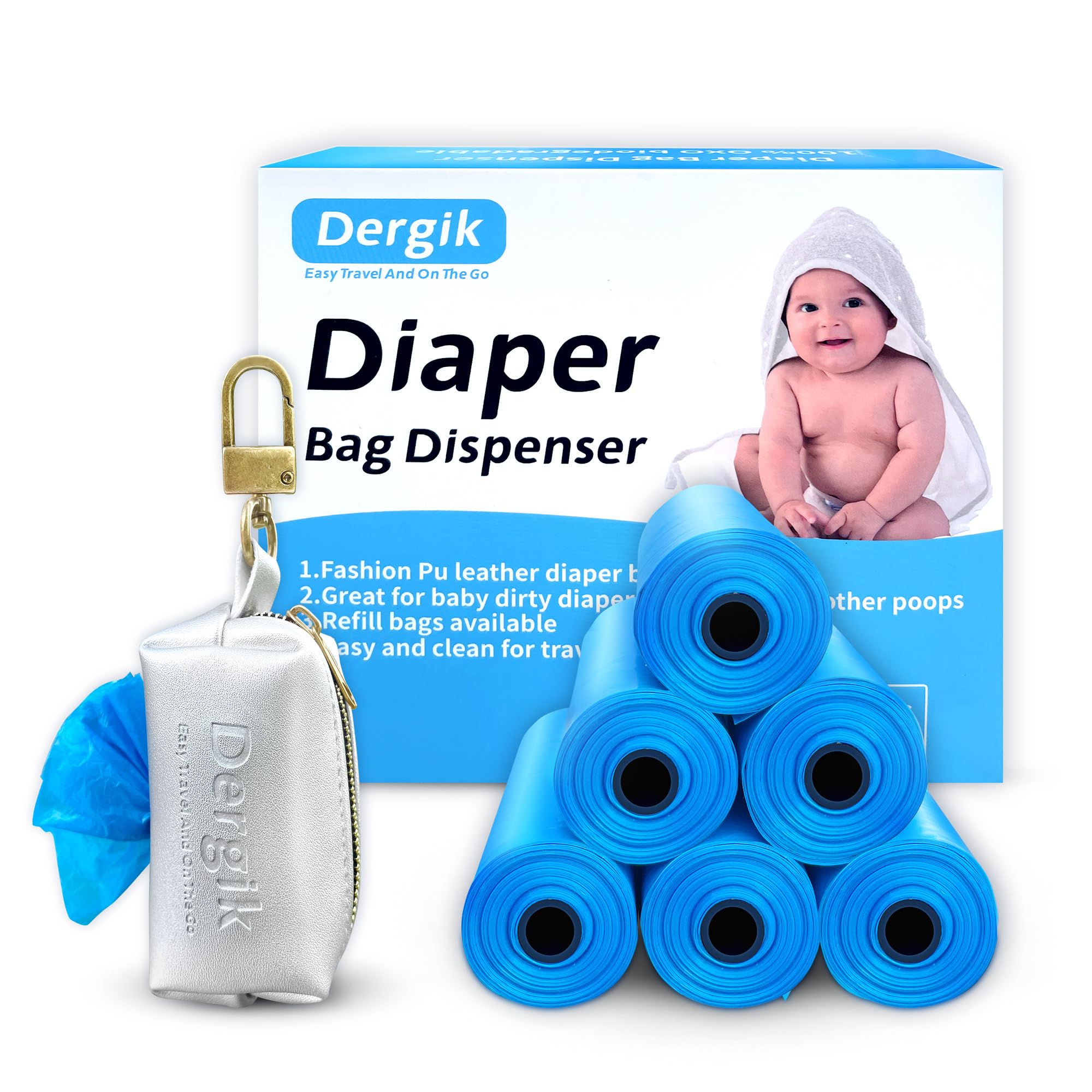 Dergik LEATHER Diaper Bag Dispenser | 105 Diaper Bags Disposable (7 Refills) for Baby and Toddler Poop or Dirty Clothes, Dirty Paper Towels | Portable Travel Essential and On the Go, Silver