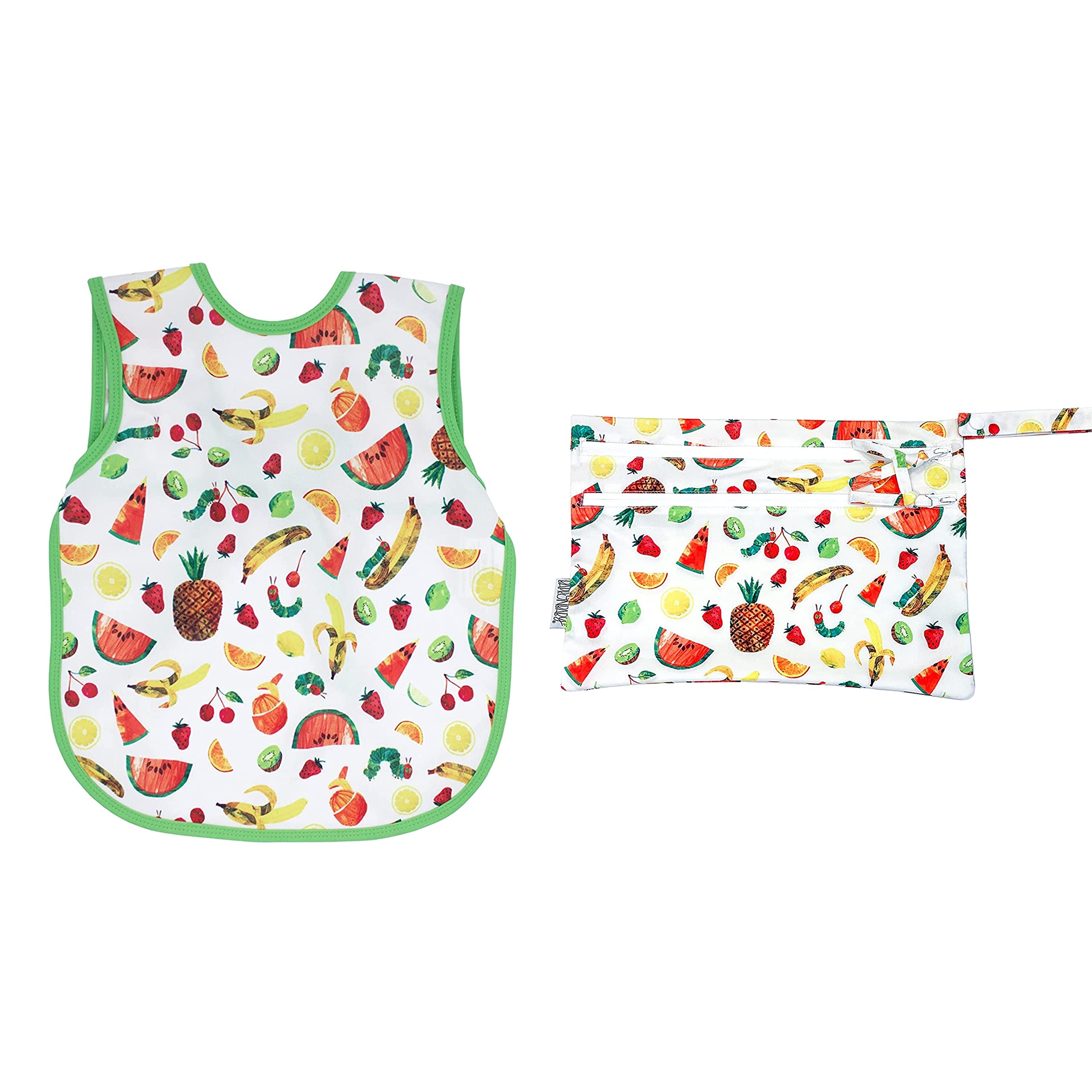 BapronBaby Eric Carle Tropical Fruit Bundle - Bapron (Sz Baby/Toddler 6m-3T) + Wet Bag 11" x 9" Bundle - Soft Waterproof Stain Resistant Bib - Machine Washable