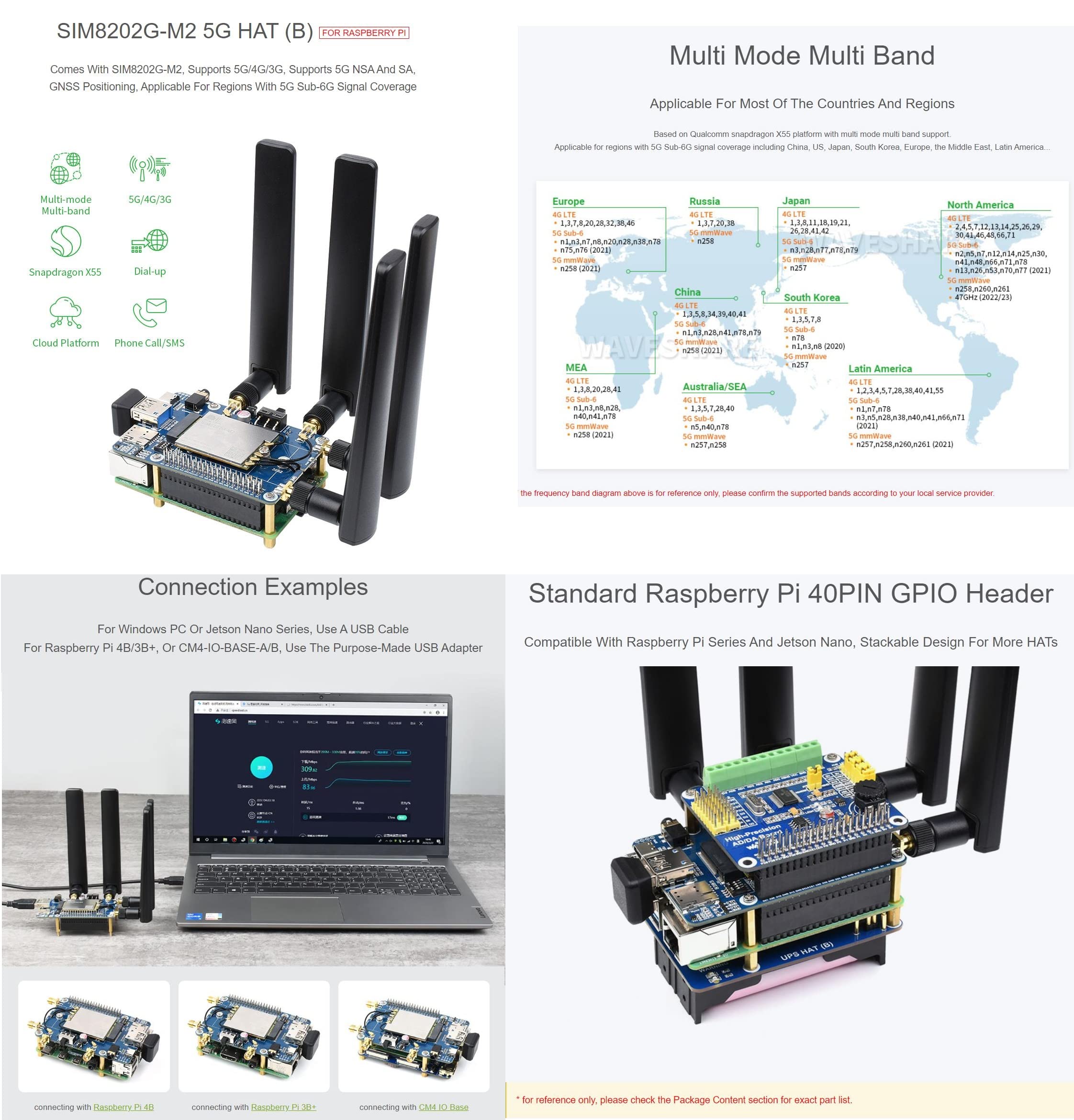 waveshare SIM8202G-M2 5G HAT (B) for Raspberry Pi Snapdragon X55 Quad Antennas 5G NSA Multi Band 5G/4G/3G Compatible Applicable for Regions with 5G Sub-6G Signal Coverage