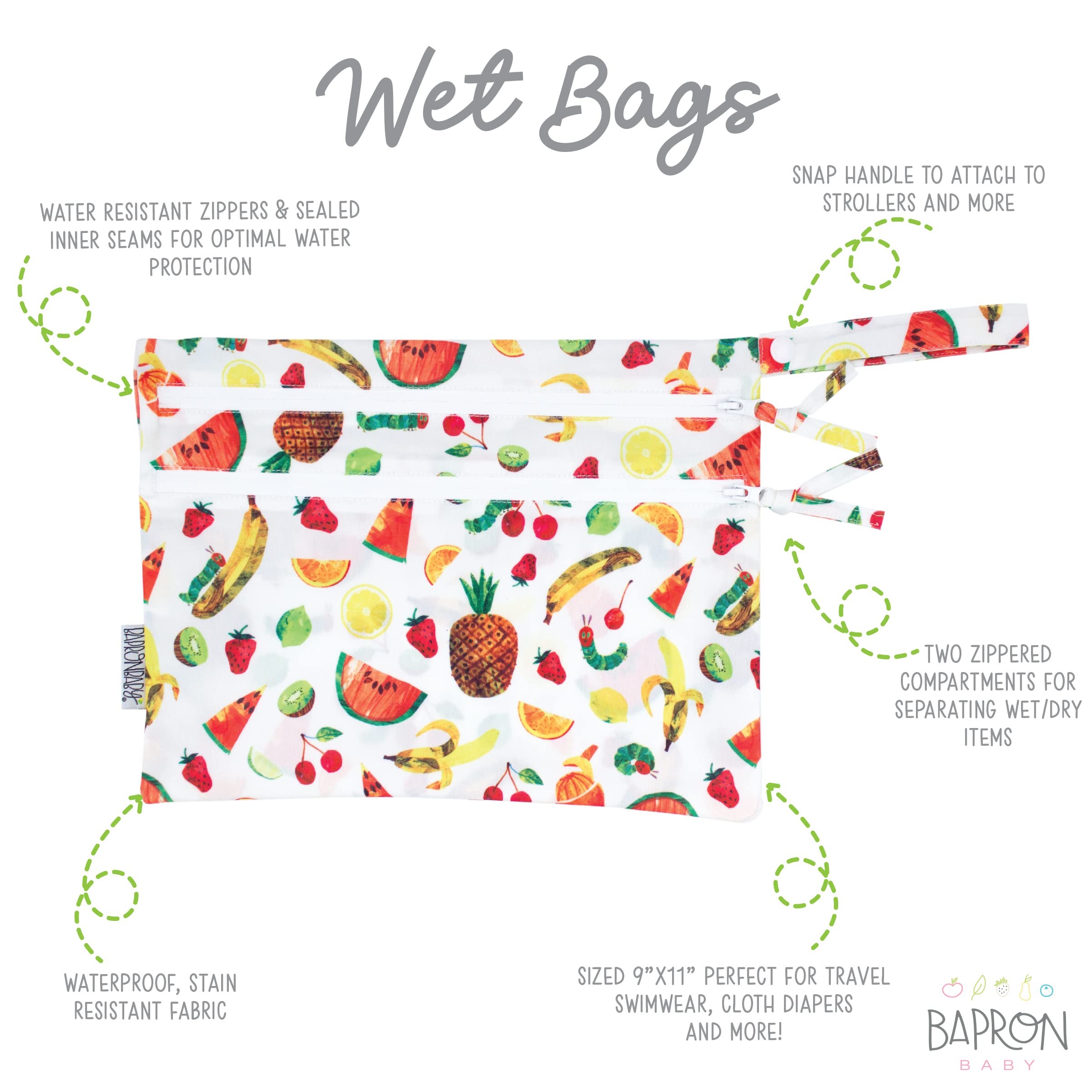 BapronBaby Eric Carle Tropical Fruit Bundle - Bapron (Sz Baby/Toddler 6m-3T) + Wet Bag 11" x 9" Bundle - Soft Waterproof Stain Resistant Bib - Machine Washable