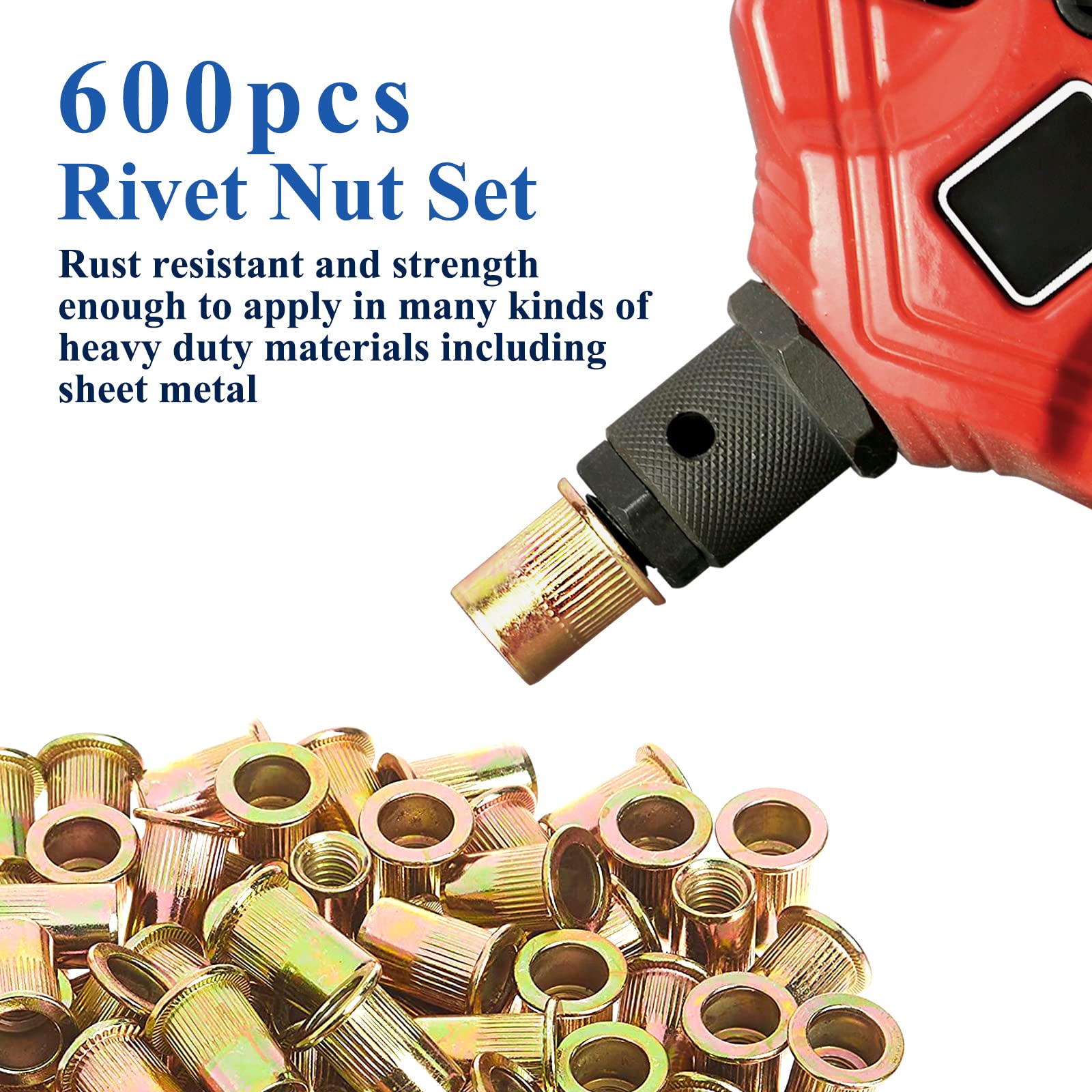 600pcs Metric Rivet Nut Kit, Rivet Nuts Assortment M3 M4 M5 M6 M8 M10 M12, Carbon Steel Zinc Plated Finish Flat Head Threaded Insert Rivet Nuts Set with Rugged Carrying Case