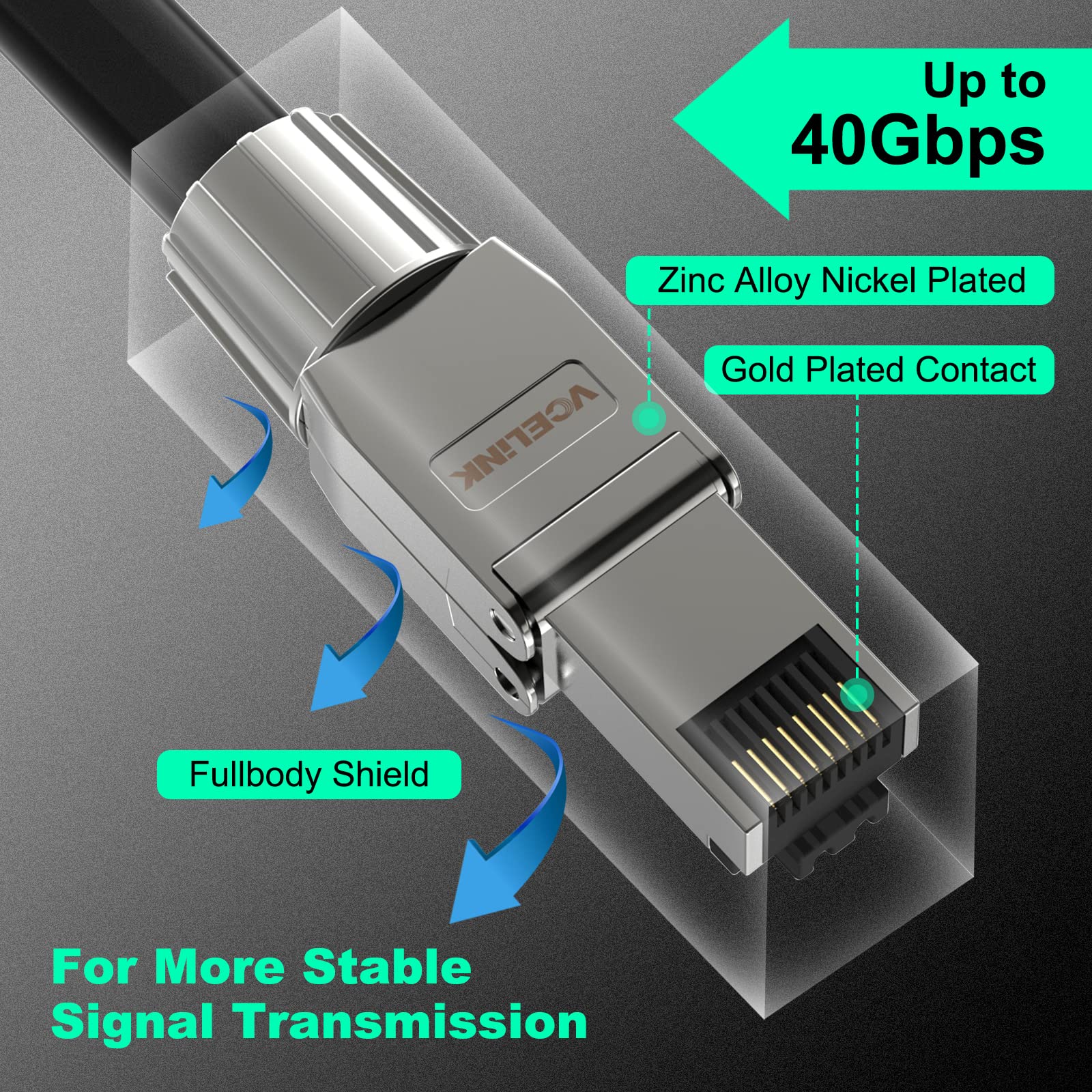 VCELINK RJ45 Connectors Tool Free Cat 8, Shielded RJ45 Modular Plugs 40 Gbps 2000MHz PoE++, Reusable Easy CAT 8 Termination for 23 AWG-22 AWG LAN Cable, 2-Pack