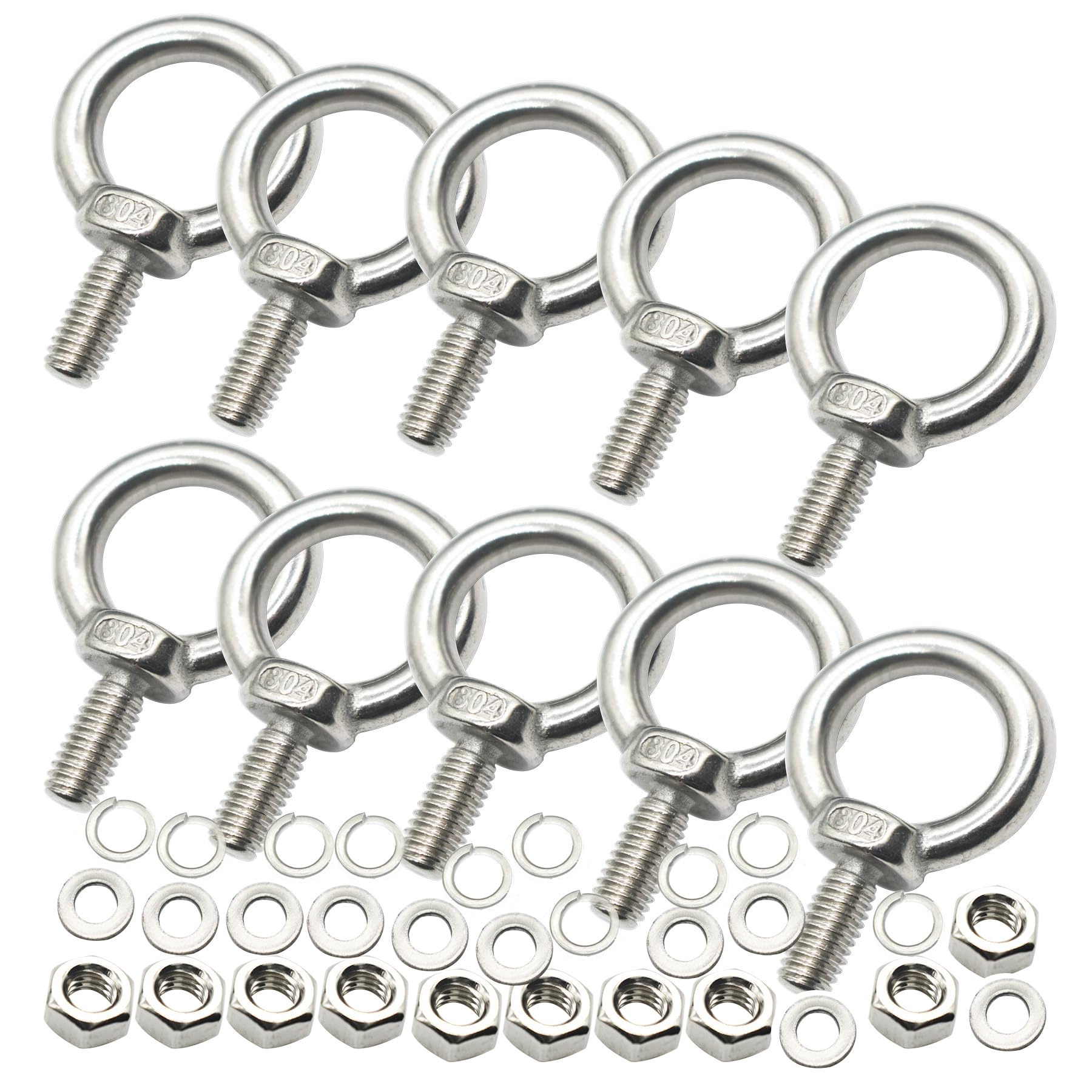 Floyutin Stainless M6 Eyebolt 0.55"(14mm) Long Male Ring Threaded Screw Lifting Shoulder Eye Bolts with Nuts Washers,10 PCS