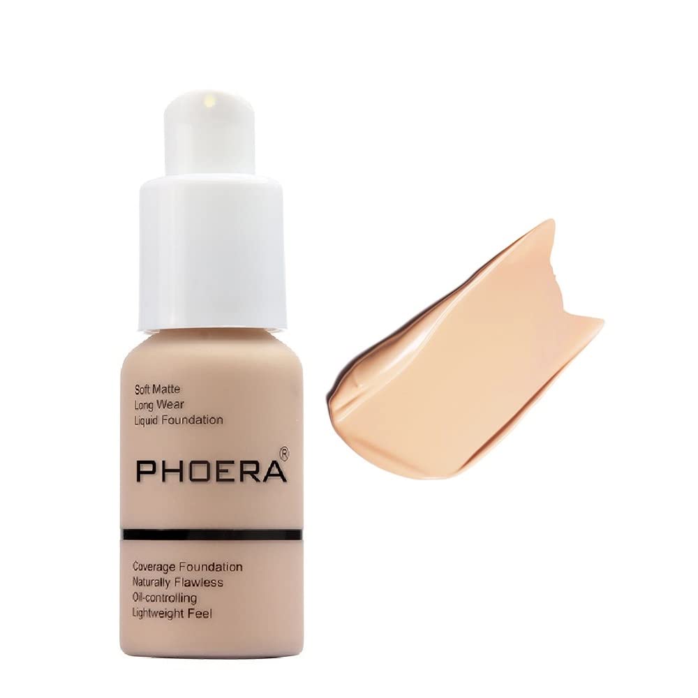 PHOERA Foundation,Flawless Soft Matte Oil Control Liquid Foundation Full Coverage Face Makeup. (102# Nude)