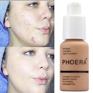 PHOERA Foundation,Flawless Soft Matte Oil Control Liquid Foundation Full Coverage Face Makeup. (105# Sand)