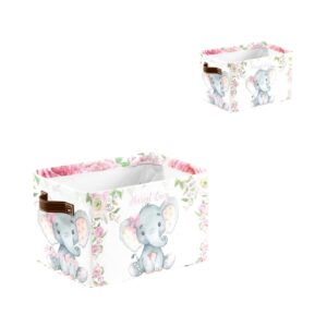 Pink Roses Elephant Personalized Storage Bins Basket Cubic Organizer with Durable Handle for Shelves Wardrobe Nursery Toy 1 Pack