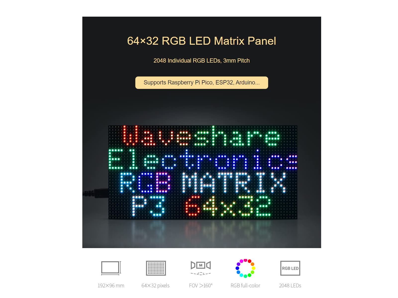 waveshare RGB Full-Color LED Matrix Panel Display Screen 64×32 Pixels 3mm Pitch LED Module Compatible with Raspberry Pi Pico, ESP32, Arduino,2048 Individual RGB LEDs,Adjustable Brightness