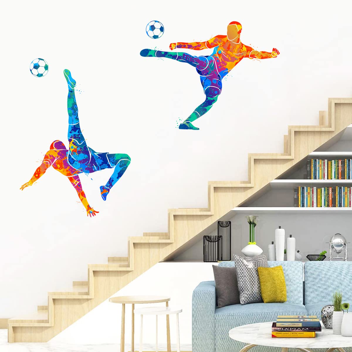 WOYINIS Colors Splash Soccer Players Wall Decal Creative Removable Football Players Silhouette Wall Stickers Peel and Stick Sports Wall Decal Art Murals for Boys Teens Room Nursery Playroom Wall Decor