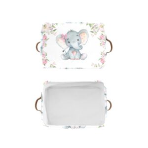 Pink Roses Elephant Personalized Storage Bins Basket Cubic Organizer with Durable Handle for Shelves Wardrobe Nursery Toy 1 Pack