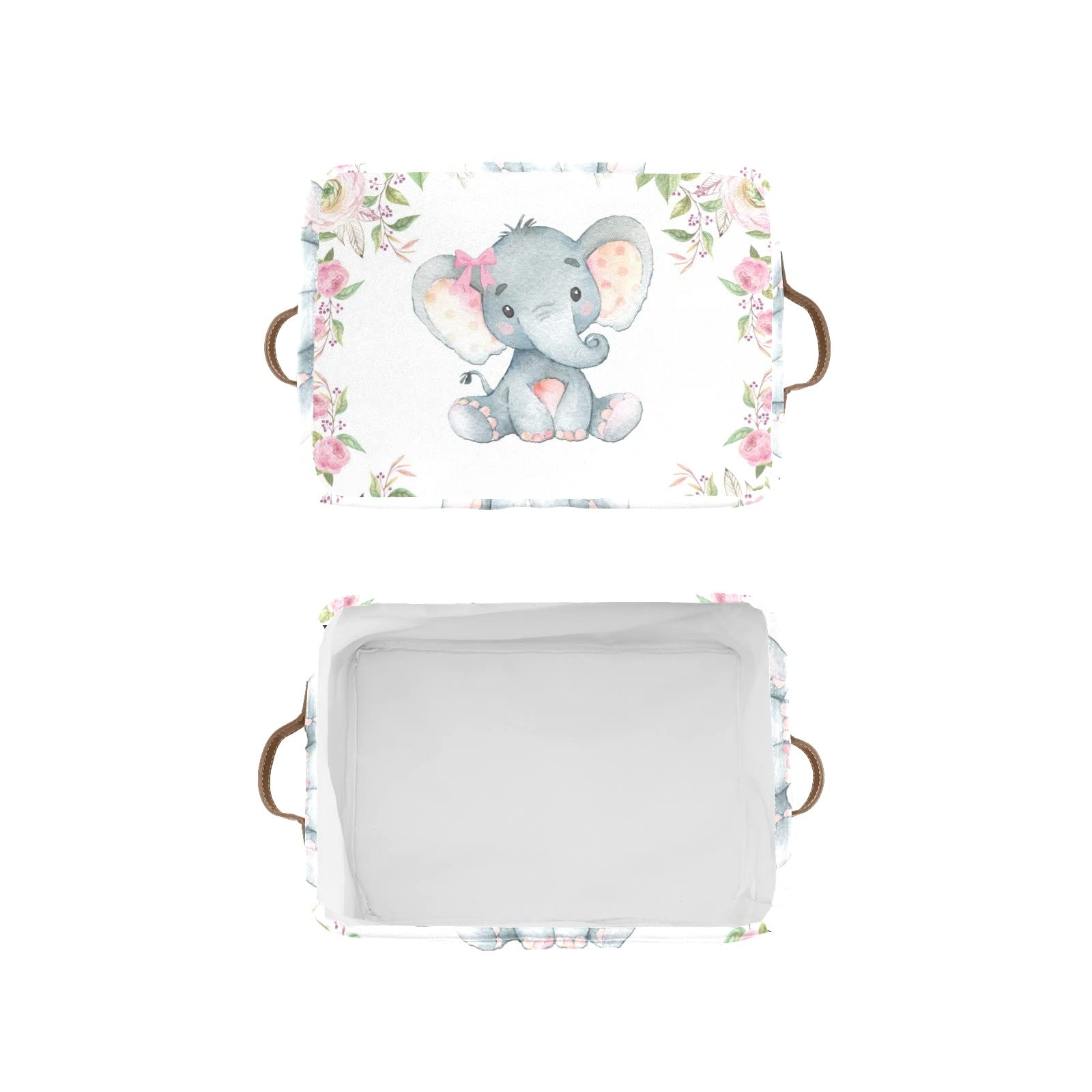 Pink Roses Elephant Personalized Storage Bins Basket Cubic Organizer with Durable Handle for Shelves Wardrobe Nursery Toy 1 Pack