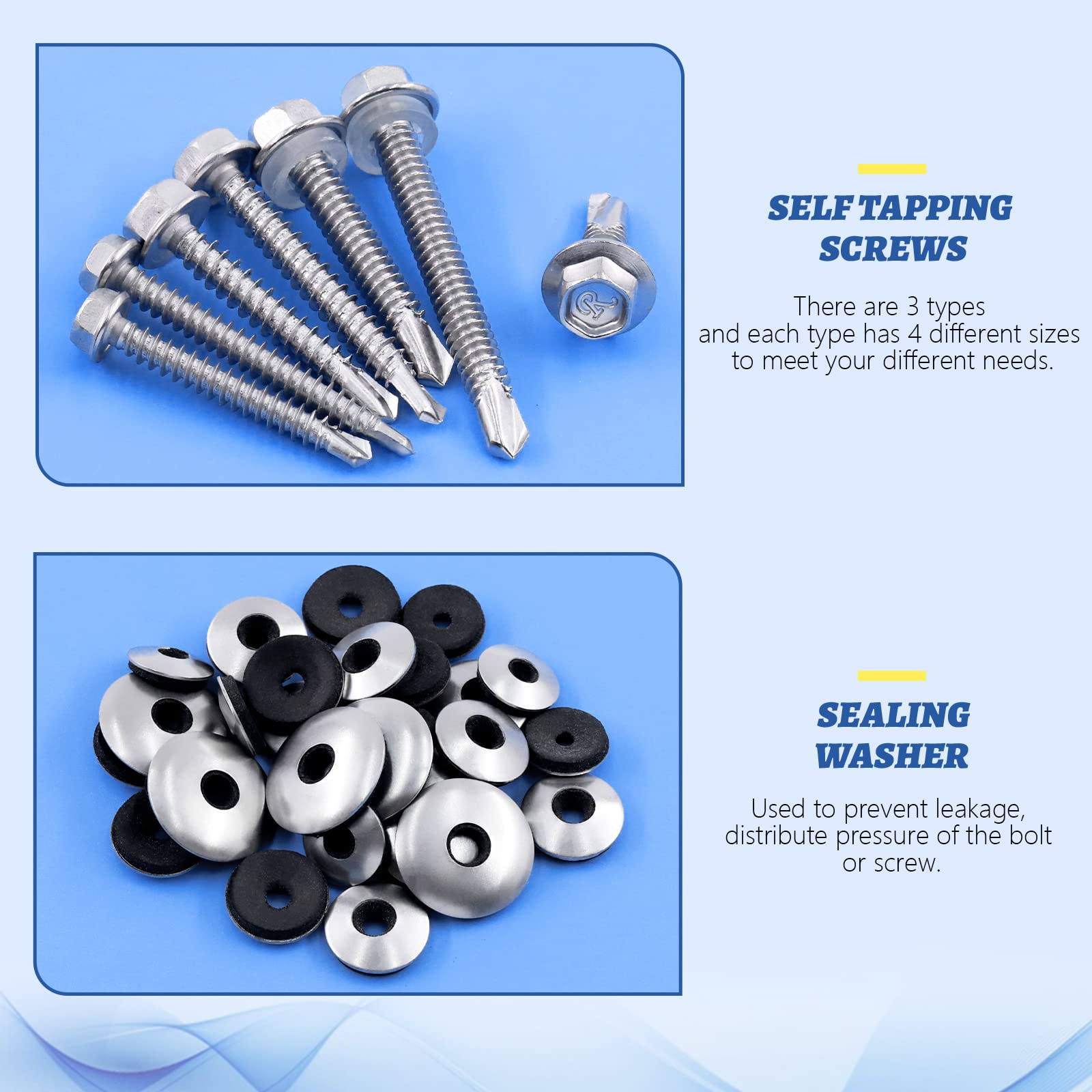 Glarks 560Pcs 410 Stainless Steel Hex Washer Head Sheet Metal Tek Self Drilling Screws and 304 Stainless Steel EPDM Bonded Sealing Washers Assortment Kit for Furniture Building Appliance Repair