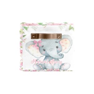 Pink Roses Elephant Personalized Storage Bins Basket Cubic Organizer with Durable Handle for Shelves Wardrobe Nursery Toy 1 Pack