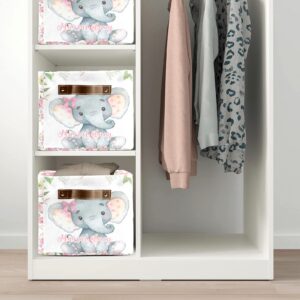 Pink Roses Elephant Personalized Storage Bins Basket Cubic Organizer with Durable Handle for Shelves Wardrobe Nursery Toy 1 Pack