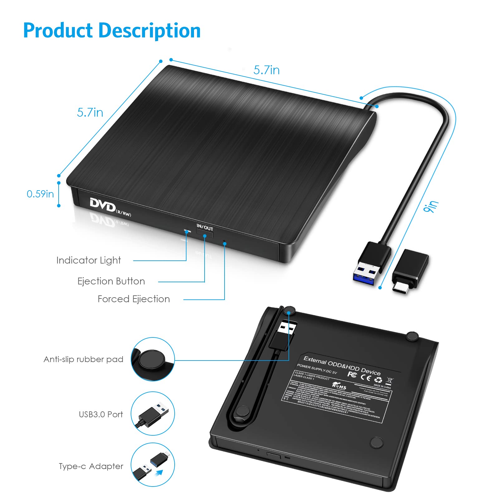 AMIR External CD DVD Drive, USB 3.0 & Type-C CD Burner, Portable CD DVD +/-RW Drive DVD Player for Laptop Notebook PC Desktop Computer