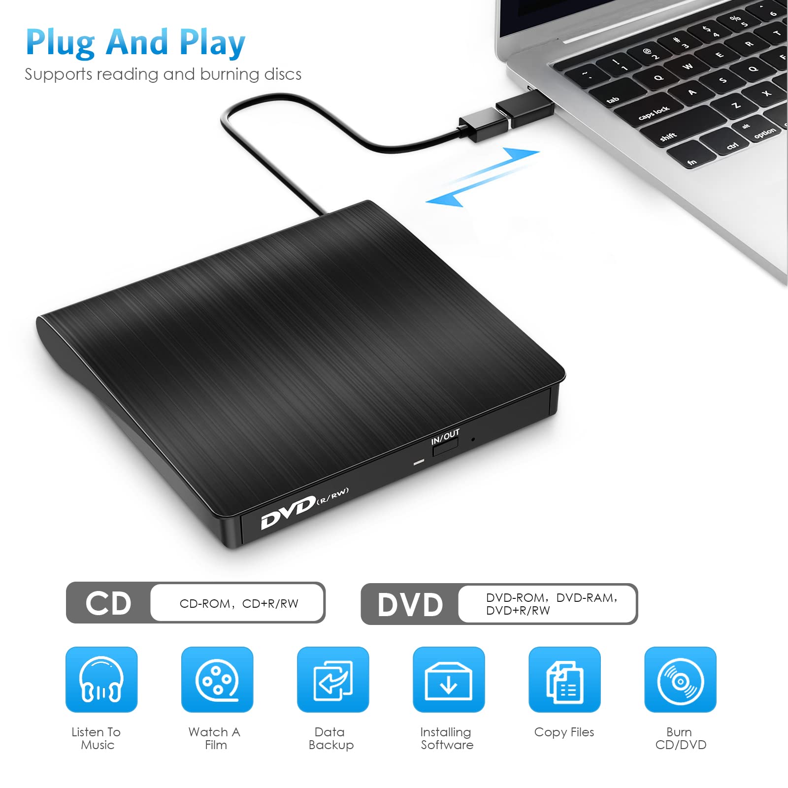 AMIR External CD DVD Drive, USB 3.0 & Type-C CD Burner, Portable CD DVD +/-RW Drive DVD Player for Laptop Notebook PC Desktop Computer