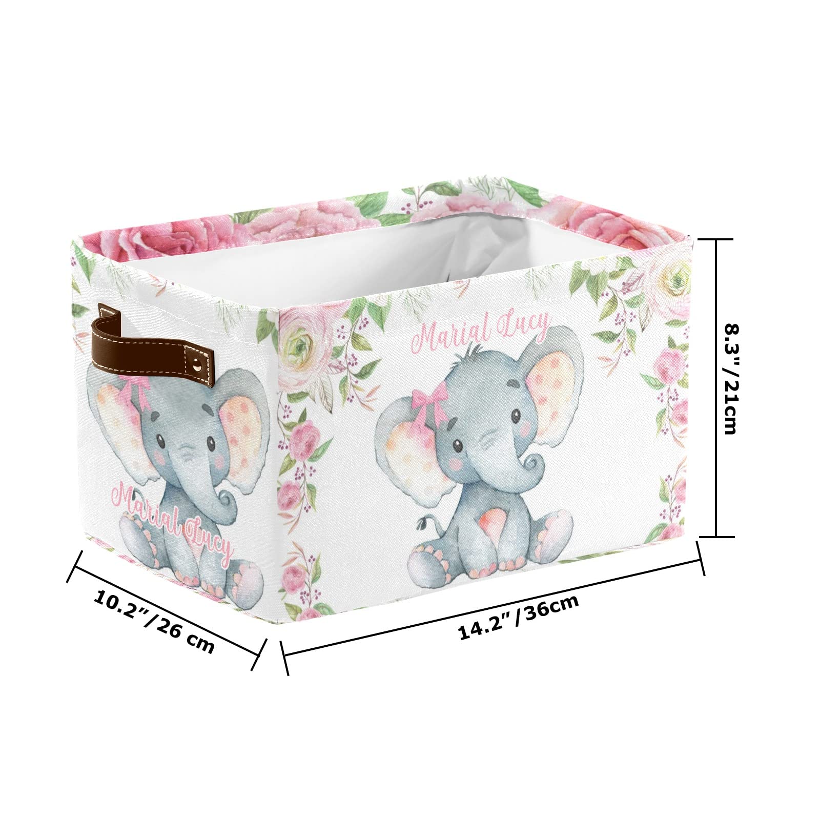 Pink Roses Elephant Personalized Storage Bins Basket Cubic Organizer with Durable Handle for Shelves Wardrobe Nursery Toy 1 Pack