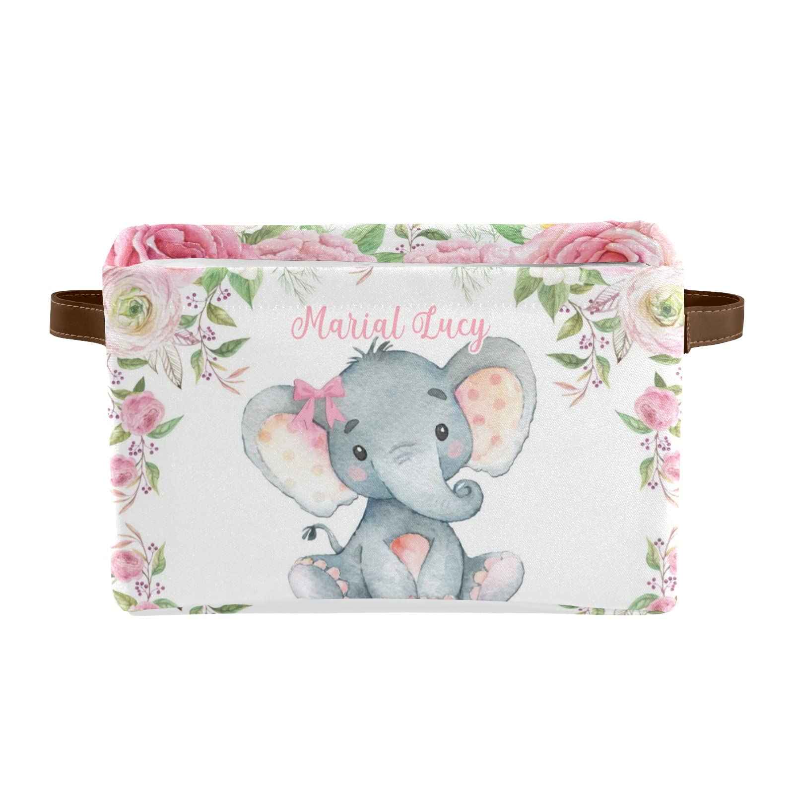 Pink Roses Elephant Personalized Storage Bins Basket Cubic Organizer with Durable Handle for Shelves Wardrobe Nursery Toy 1 Pack