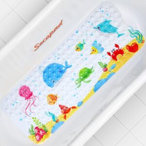 baby bath mat for tub for kids, 40in x 16in non slip cartoon bath tub shower mat anti slip with drain holes and suction cups machine washable, little whale