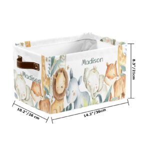 Safari Lion Elephant Fox Personalized Storage Bins Basket Cubic Organizer with Durable Handle for Shelves Wardrobe Nursery Toy 1 Pack