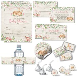 amanda creation little deer woodland girl baby shower party bundle includes 20 each of invitations with envelopes + 4 different sizes of decorative stickers, diaper tickets & bring a book cards