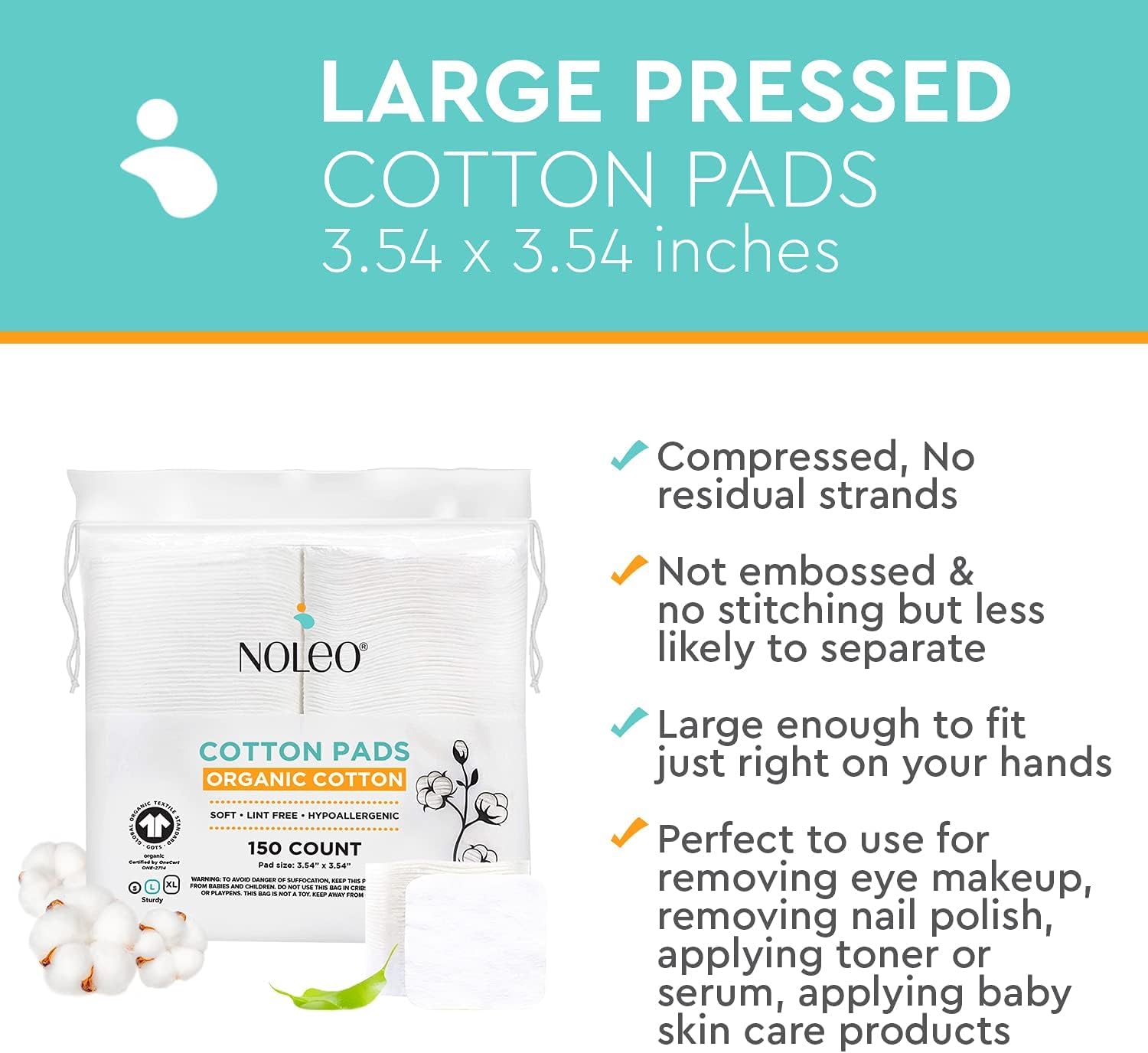 Organic Cotton Pads (450 Count (Pack of 3), Large & Pressed) - Lint Free, Soft, No Hard Edges, 3" 54x3 54