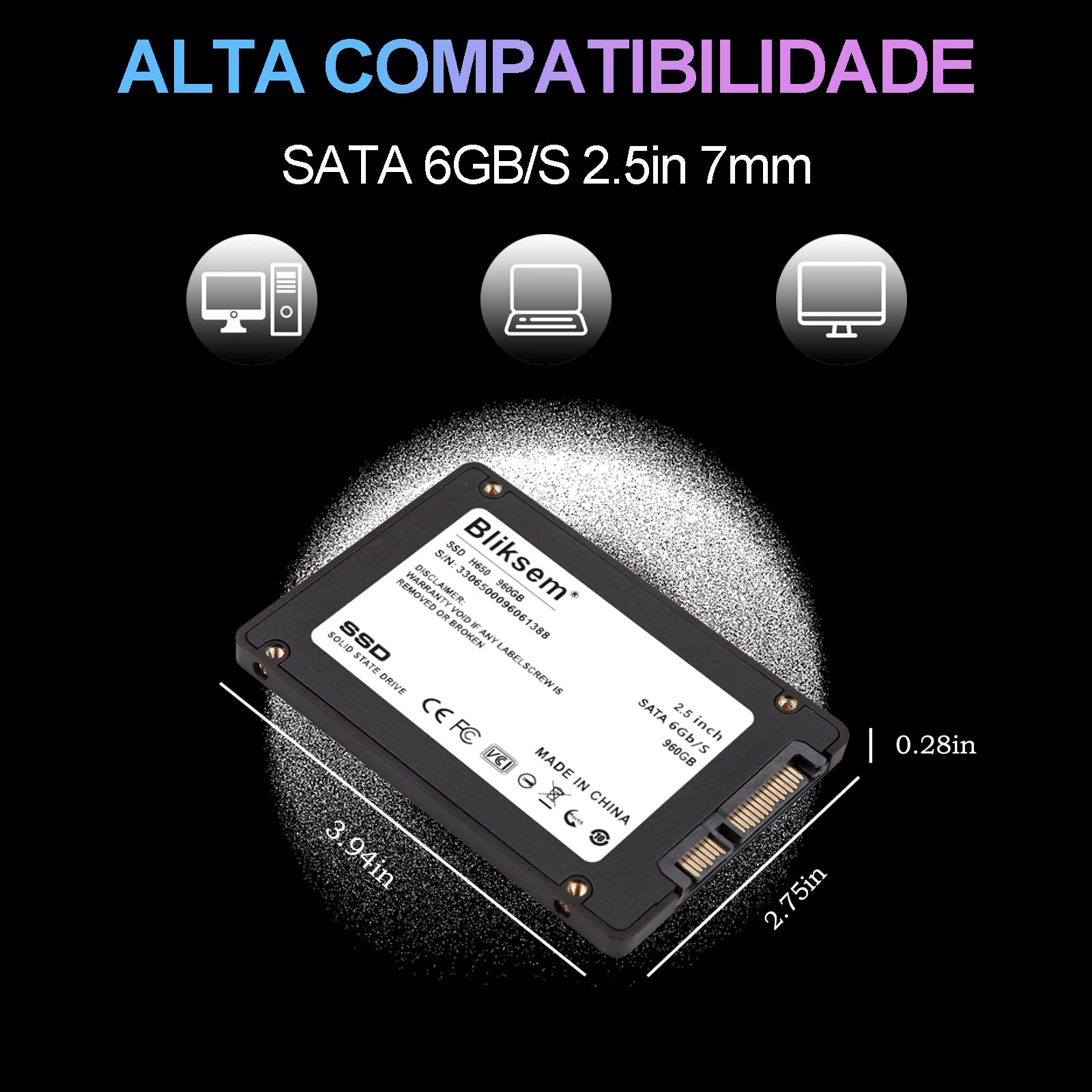 Bliksem SSD 240GB SATA 6Gb/s 2.5" 7mm Internal Drives SSD 3D NAND TLC Chip Up to 550Mb/s with SATA Cable for Computers and Laptops (Black 240GB)