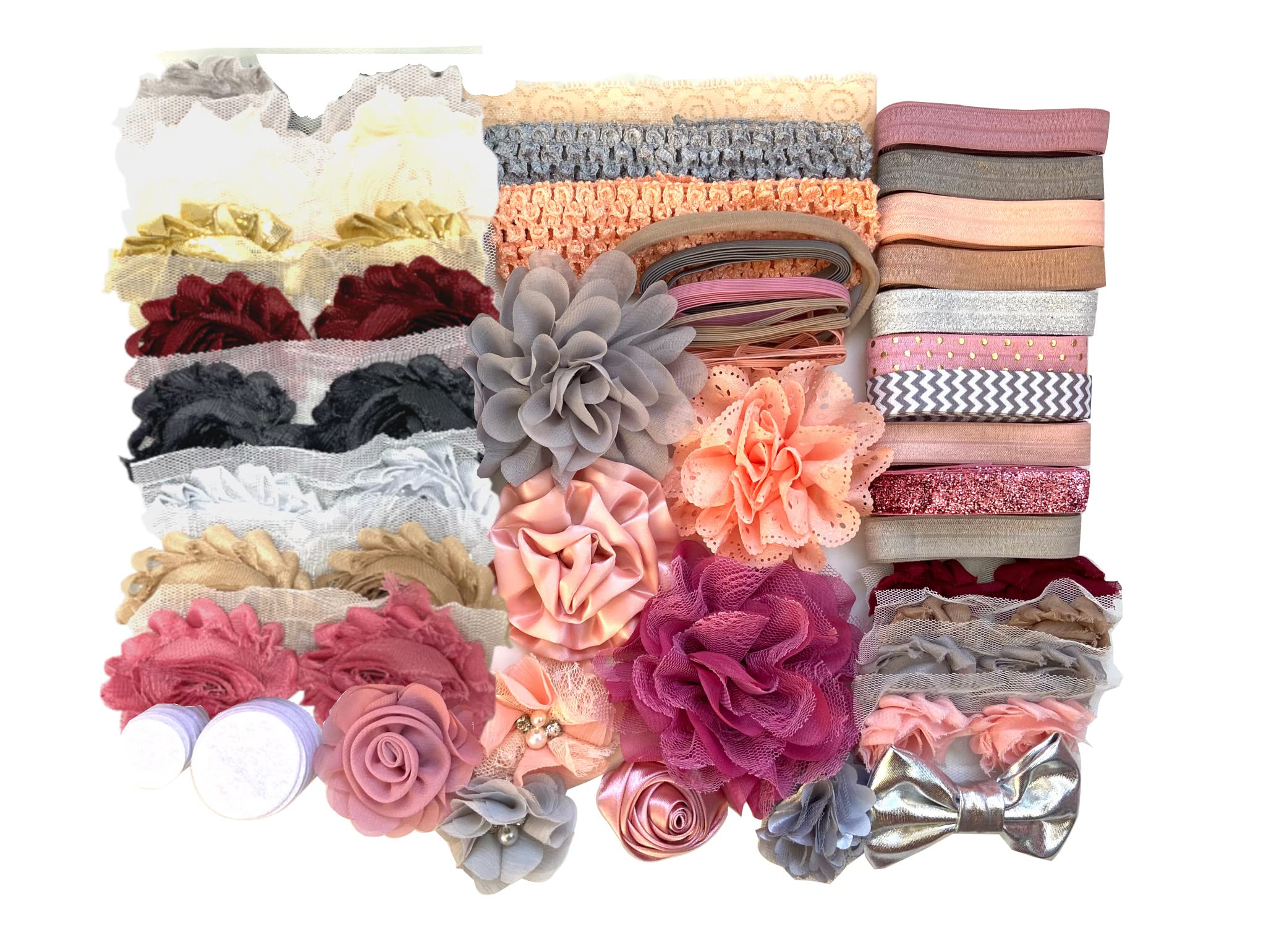 Bowtique Emilee Mauve, Peach & Grey Hairband Kit - Baby Shower Headband Station, DIY Baby Headband Kit, Makes Over 30 Headbands, Includes 30 Day Money-Back Guarantee