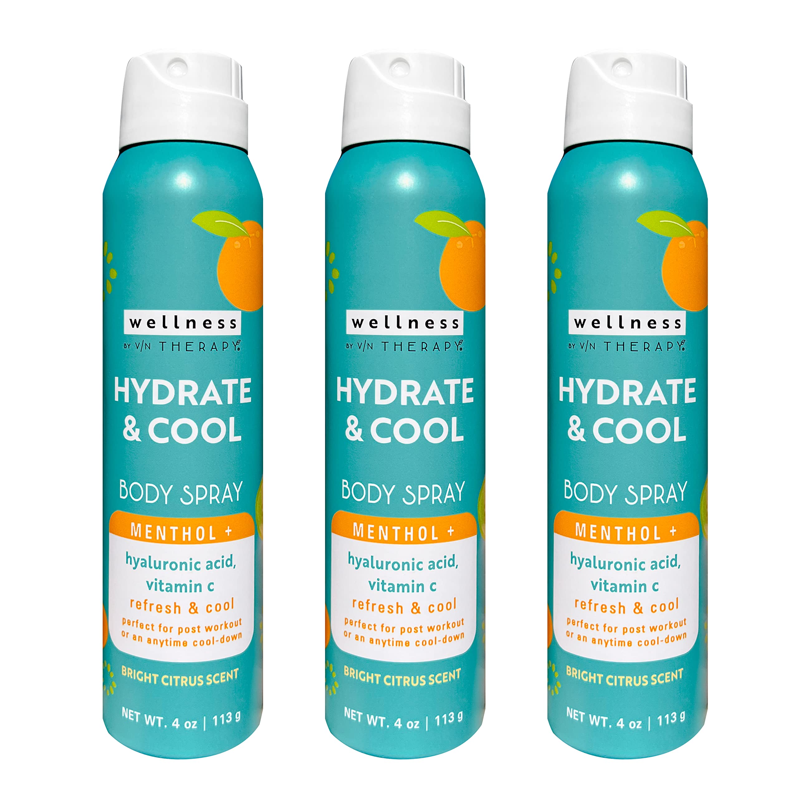 Village Naturals Therapy Wellness Hydrate & Cool Body Spray - Protect and Moisturize Skin with Vitamin C, Menthol and Hyaluronic Acid - Full Body Cooling Mist (Pack of 3 Cans, 4 Ounces Each)