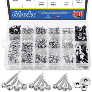 glarks 560pcs 410 stainless steel hex washer head sheet metal tek self drilling screws and 304 stainless steel epdm bonded sealing washers assortment kit for furniture building appliance repair