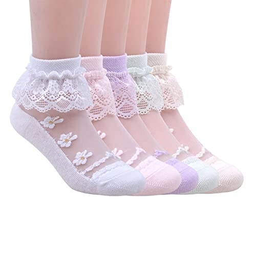 Hopply 5Pairs of Ruffle Pageant Frilly Socks for Toddler Girls Baby White Lace Ankle Dress Socks Summer Mesh Women Sock