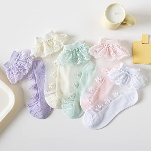 Hopply 5Pairs of Ruffle Pageant Frilly Socks for Toddler Girls Baby White Lace Ankle Dress Socks Summer Mesh Women Sock