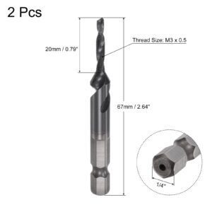 uxcell Combination Drill and Tap Bit, 1/4" Hex Shank M3 x 0.5 Metric TiAlN Coated M35 Cobalt High Speed Steel Spiral Flute Drilling Tapping Tool 2pcs