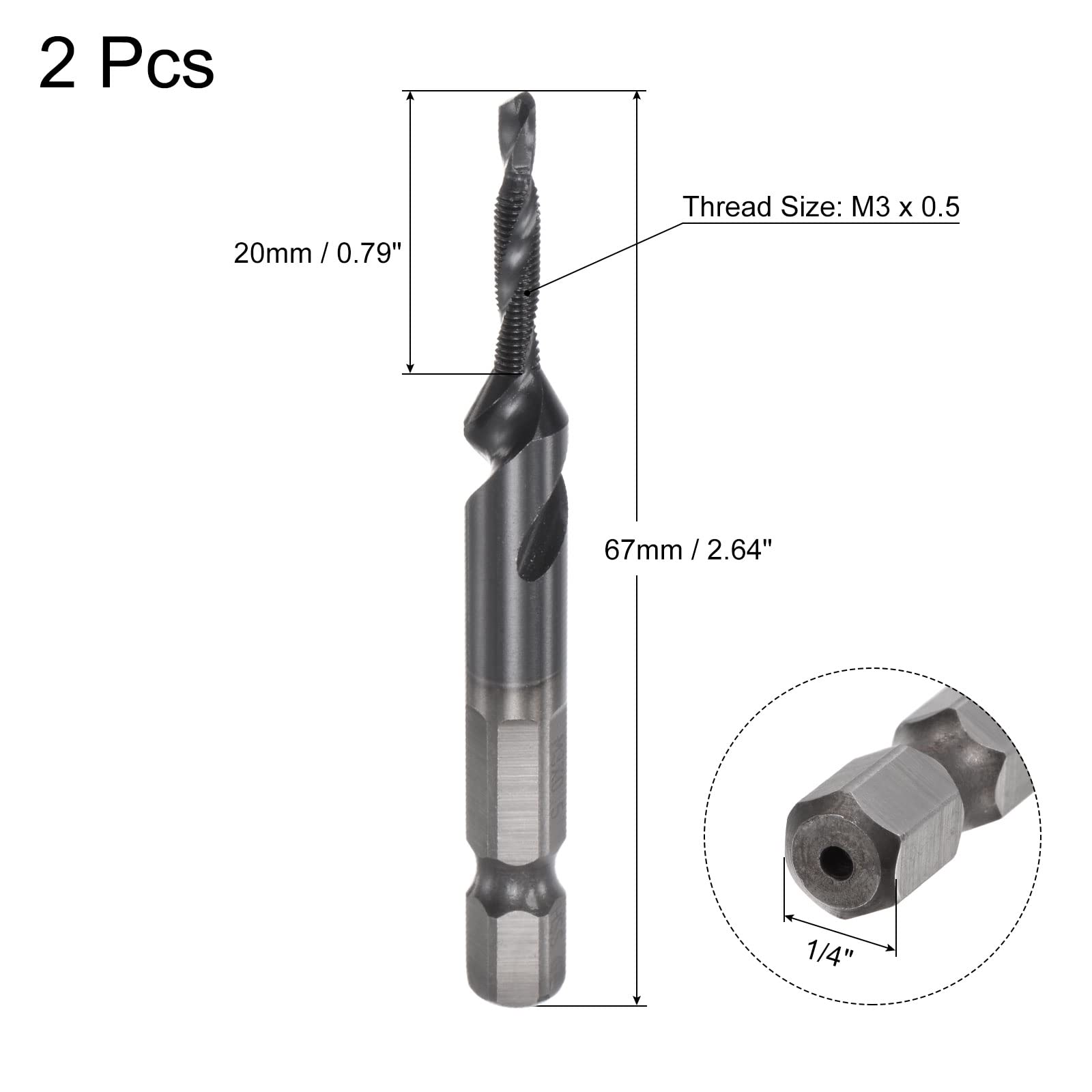 uxcell Combination Drill and Tap Bit, 1/4" Hex Shank M3 x 0.5 Metric TiAlN Coated M35 Cobalt High Speed Steel Spiral Flute Drilling Tapping Tool 2pcs