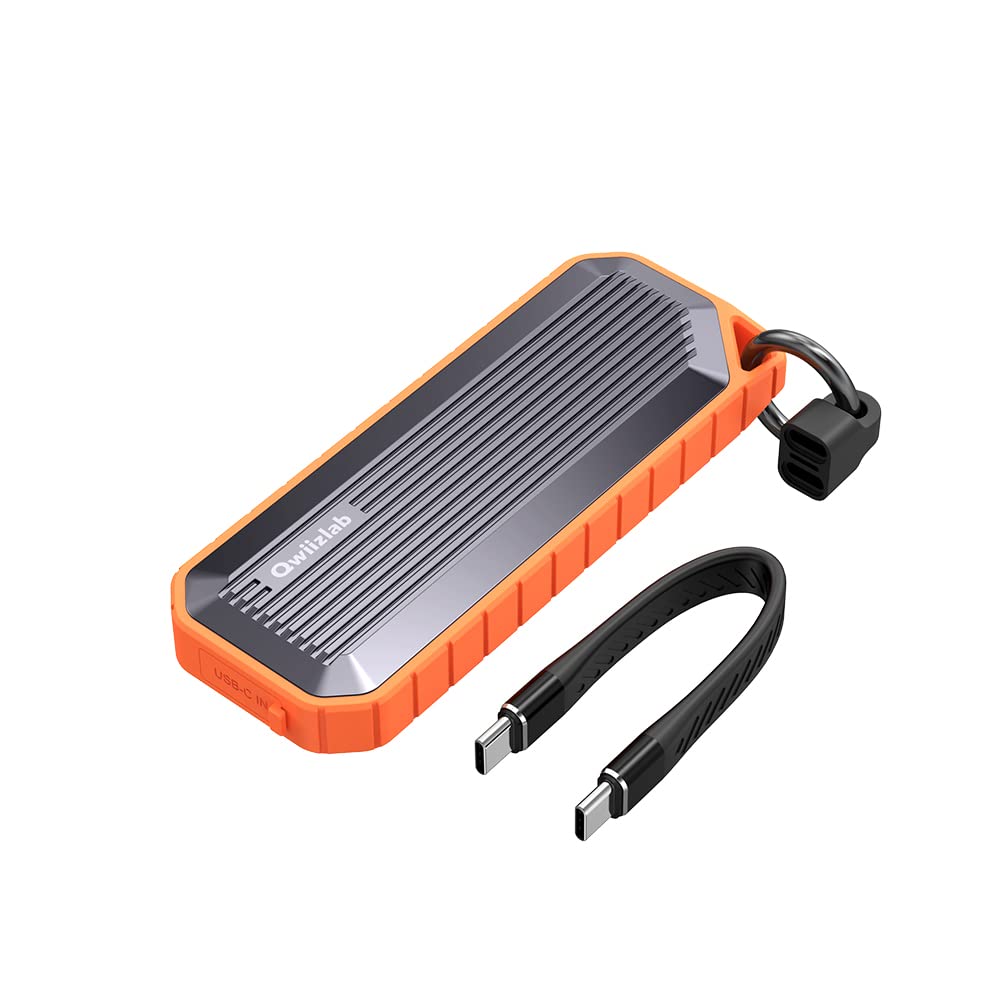 Qwiizlab Rugged M.2 SATA NVMe SSD Enclosure, USB 3.2 Type-C 10Gbps up to 8TB, Shock/Dust/Water Resistant, Fits 2280/2260/2242/2230 M-Key/(B+M) Key (Orange)