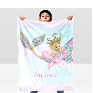 XOZOTY Personalized Mermaid Pink Girl Baby Blanket with Name Custom Baby Nursery Throw Fleece Blankets for Boys and Girls Birthday Tapestry 30 X 40inch