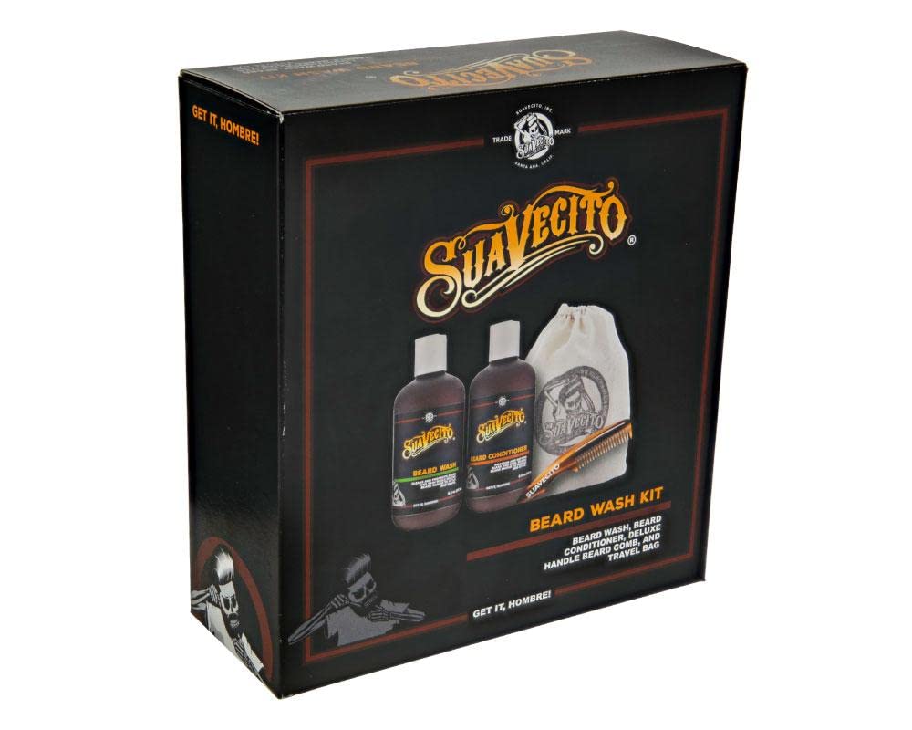 Suavecito Beard Wash Kit Men's Grooming & Cleansing Avocado Oil Shea Butter Olive Oil Nourishing Wash, Conditioner, Comb, Travel Bag