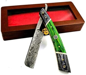 sharpend damascus steel hand made straight barber razor shaving razor folding fixed blade knife ready classic barber blade edge, men straight razor, wooden case, close shave, great gift