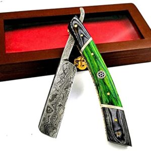 Sharpend Damascus Steel hand made Straight Barber Razor shaving razor folding fixed blade knife Ready Classic Barber Blade Edge, Men Straight Razor, Wooden case, Close Shave, Great Gift