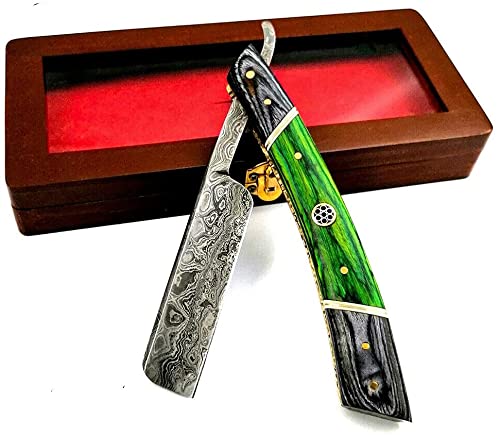 Sharpend Damascus Steel hand made Straight Barber Razor shaving razor folding fixed blade knife Ready Classic Barber Blade Edge, Men Straight Razor, Wooden case, Close Shave, Great Gift